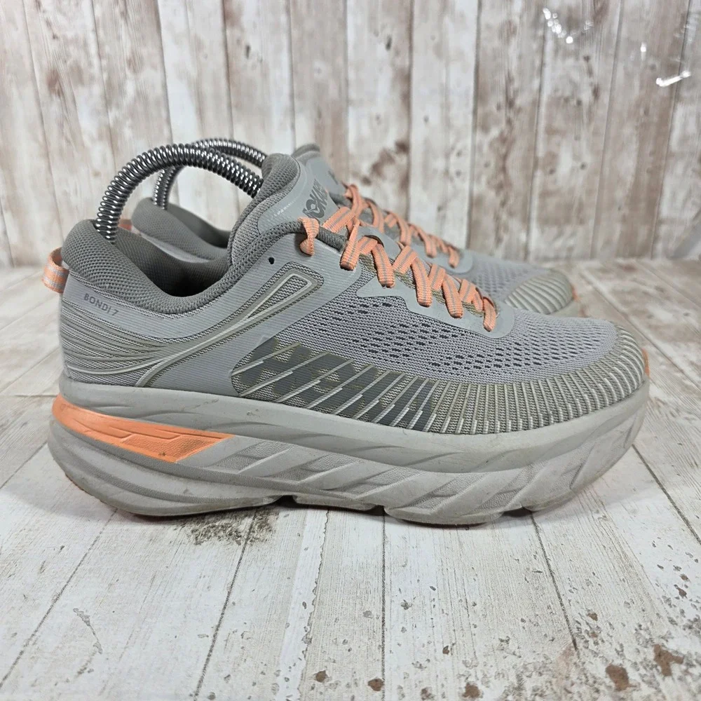 Hoka One One Bondi 7 Womens 7 Grey Orange Running Shoes 1110519 HMSH Harbor Mist